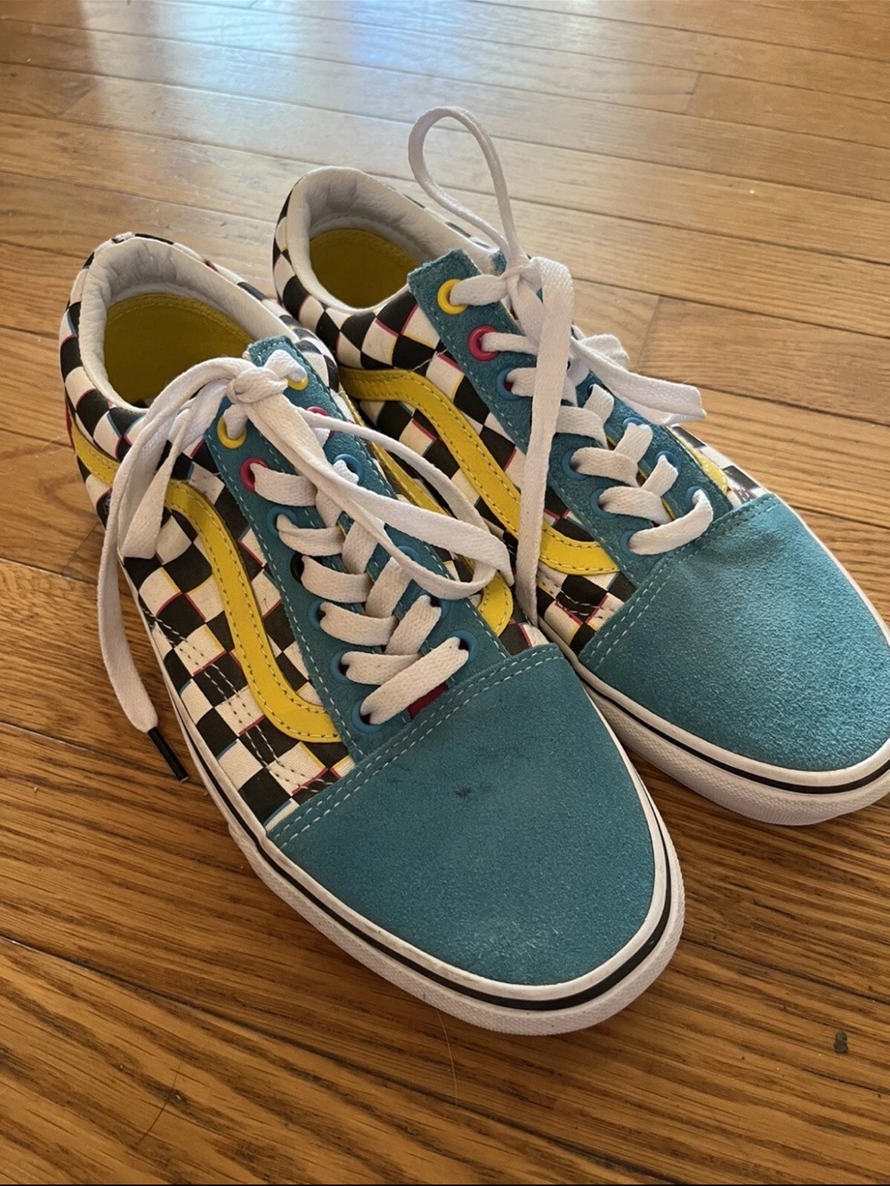 Vans Checkerboard Teal & Yellow Low-Top Sneakers women’s 9.5 men’s 8 Skater - Picture 2 of 6